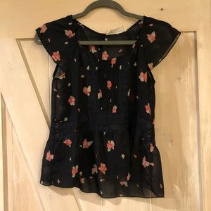 Navy Blue Floral Sheer Blouse